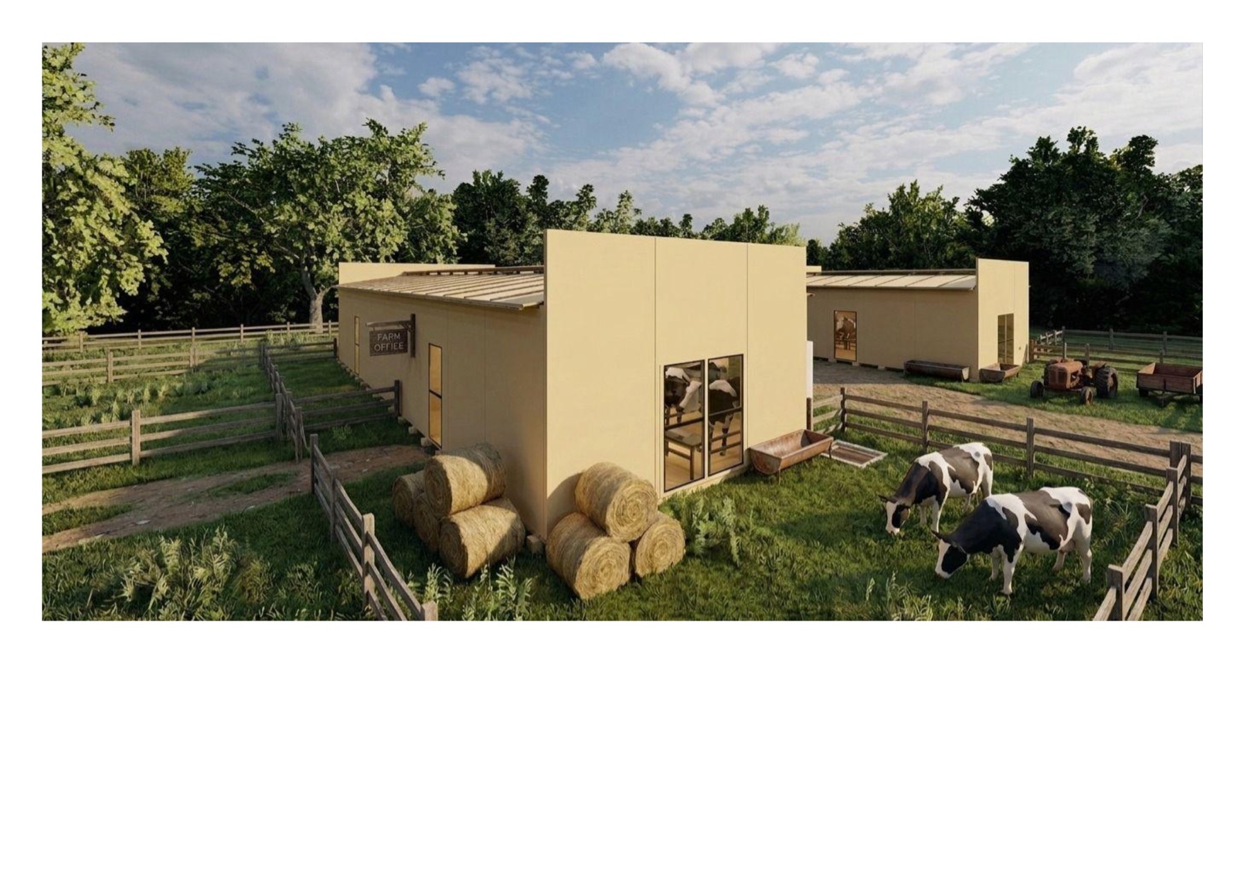 Kırsal yapı çözümleri için prefabrik ahır renderı