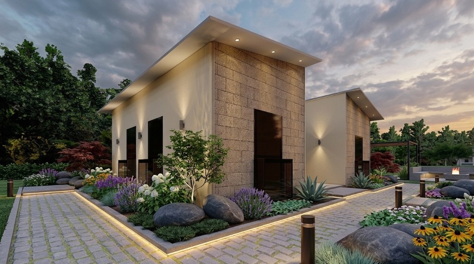 ifHaus modüler villa — alaca karanlıkta peyzajıyla dış cephe görünümü
